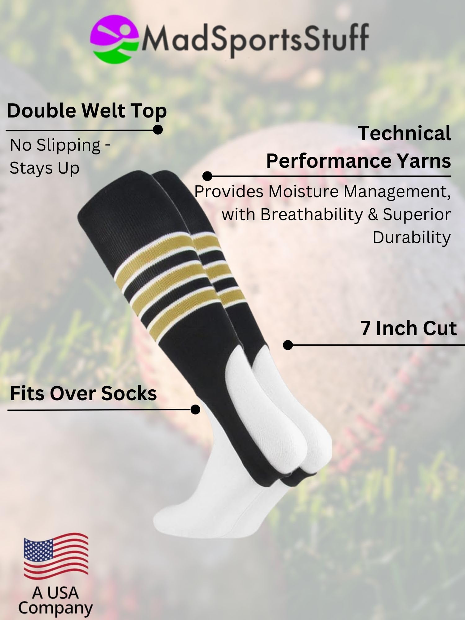 Madsportsstuff Baseball Stirrups Pattern D (Blackvegas Goldwhite, Large)