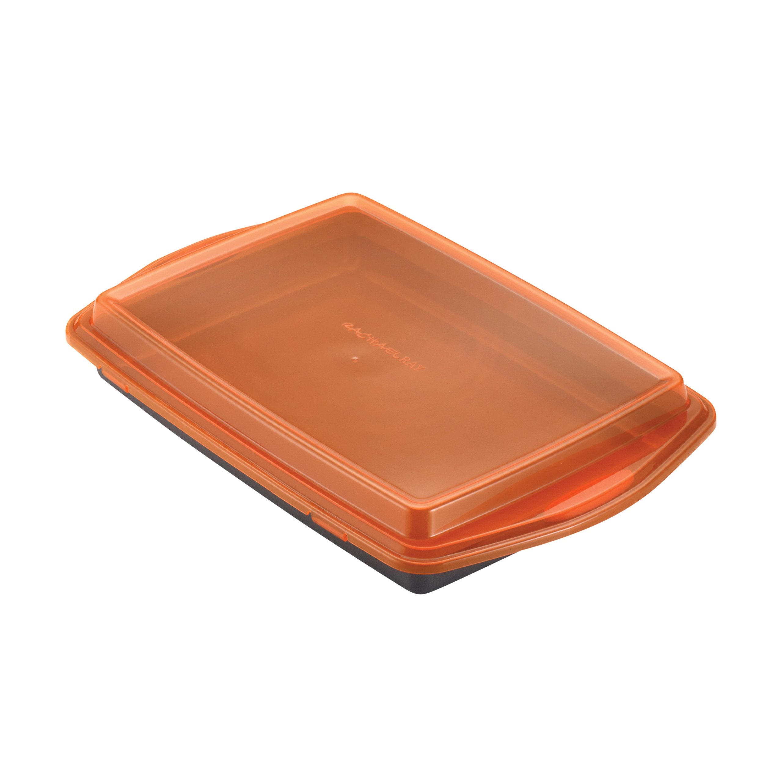 Rachael Ray Nonstick Bakeware Cake Pan with Lid, 9"x13", Gray with Orange Grips, Model 57994, Steel Material