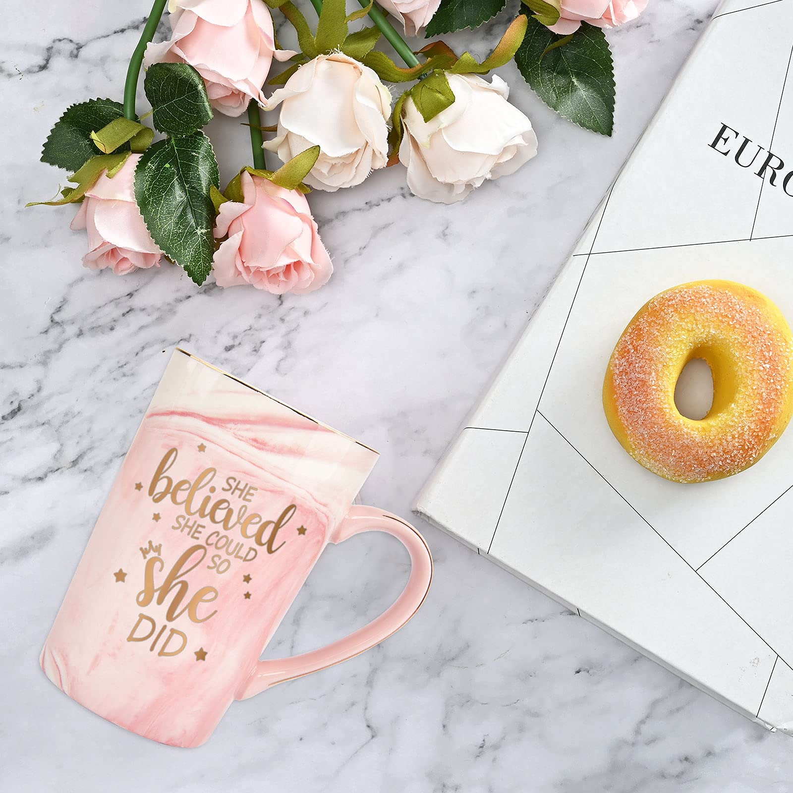 She believed She Could So She Did Mug  Graduation Gift for Her  Inspirational Spiritual Motivational Congratulations Gifts for Women  Gift for Mothers Day  Birthday  Christmas 14 Oz Pink Marble Mug