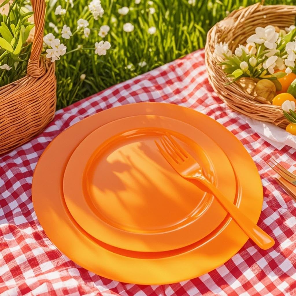 FLOWERCAT 60PCS Orange Plates - Heavy Duty Orange Plastic Plates Disposable for Halloween/Thanksgiving Party - Include 30PCS 10.25inch Orange Dinner Plates and 30PCS 7.5inch Orange Dessert Plates