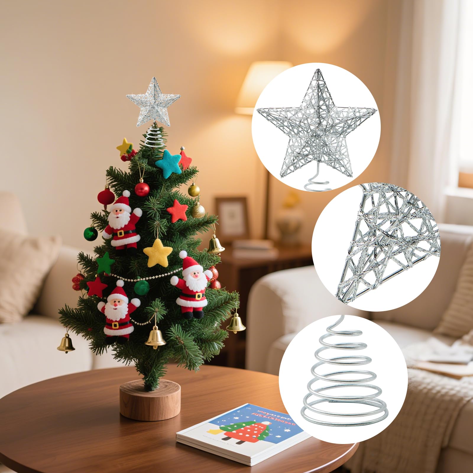 6inch Mini Christmas Tree Topper, Tabletop Tree Star Decoration, Silver Handmade Star Xmas Ornament for Office Desk Tree Top Dec