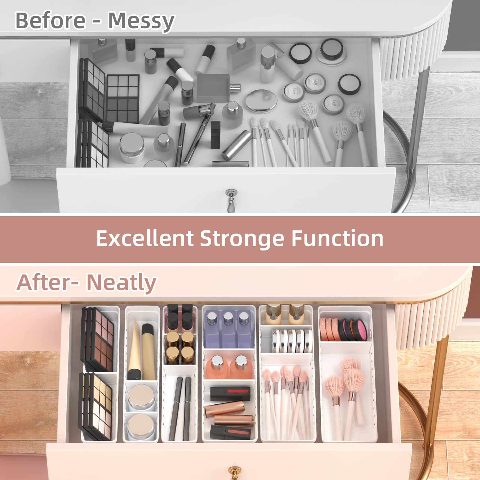 Pluspace 6 PCS Drawer Organizer Set, Bathroom Vanity Drawer Organizer Trays with Dividers Adjustable, Versatile Storage Bins for