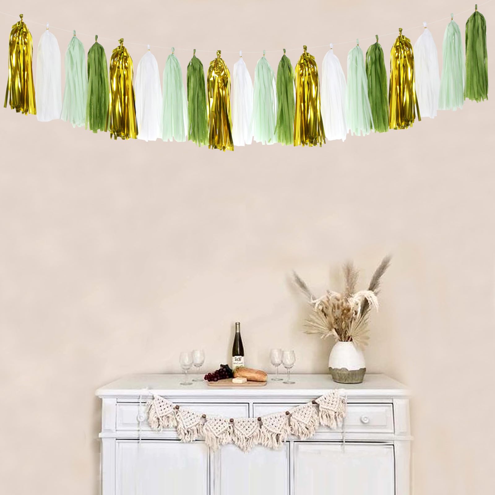 Sage-Olive Green Gold Party-Decorations Tassel-Garland - 20pcs Rustic Wedding Baby Shower Tassels Banner Streamers, Birthday Bac