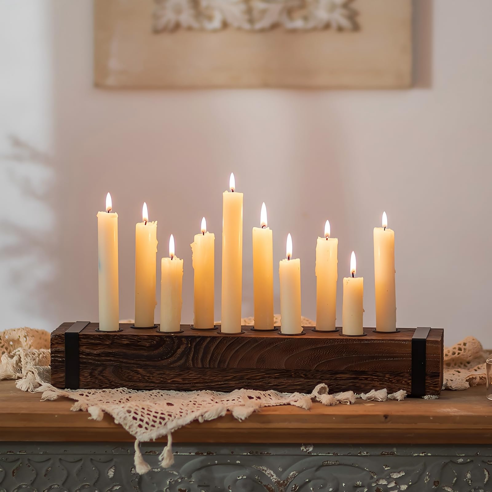 NUPTIO Wood Candelabra for Table Centerpiece: 16.5 inch Long Taper Candle Holder - Farmhouse Candlestick Holder for Christmas Ho