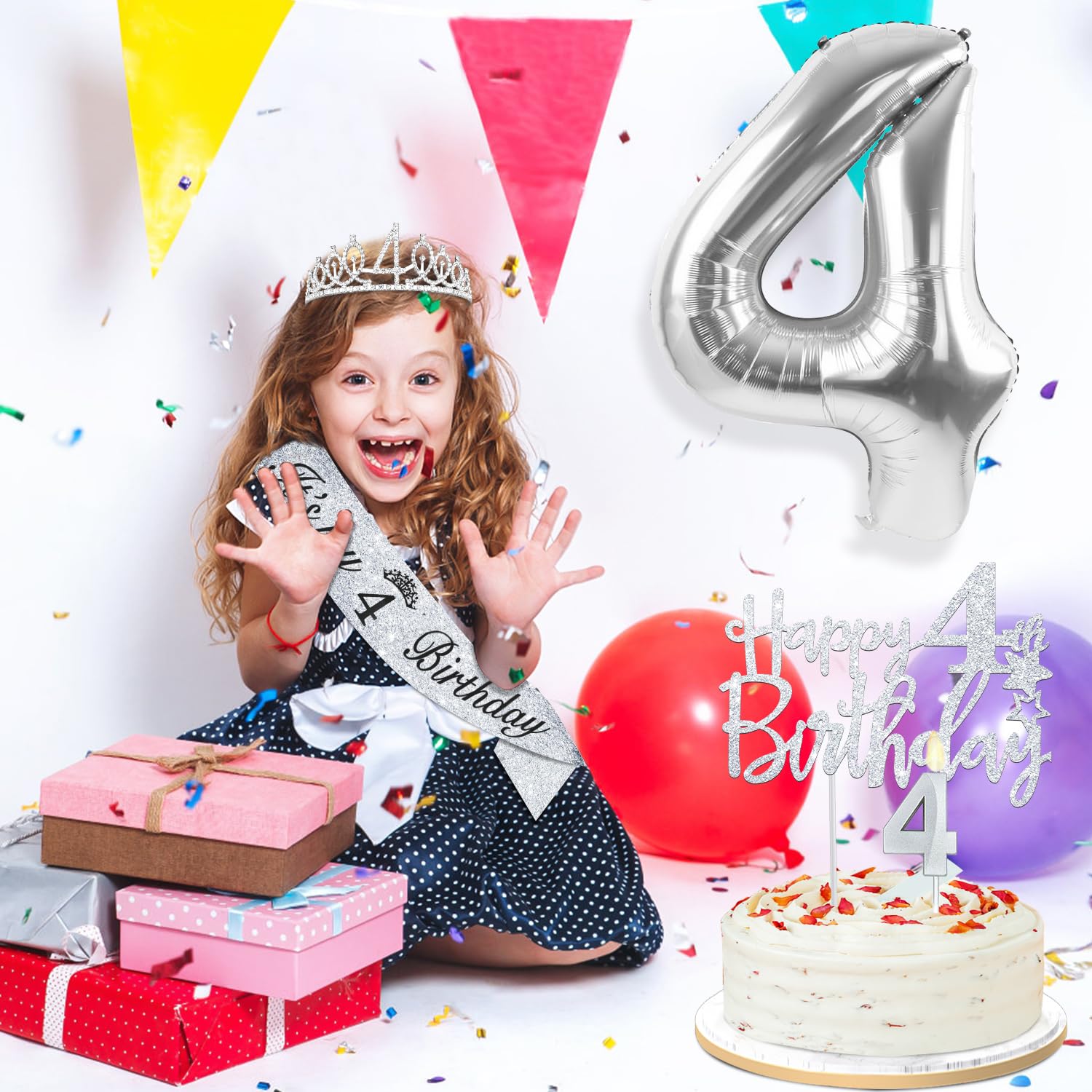 4th Birthday Decorations for Girls Silver with 4th Birthday Sash and Tiara, Cake Topper and Candle, Silver Number Balloon, 4 Yea