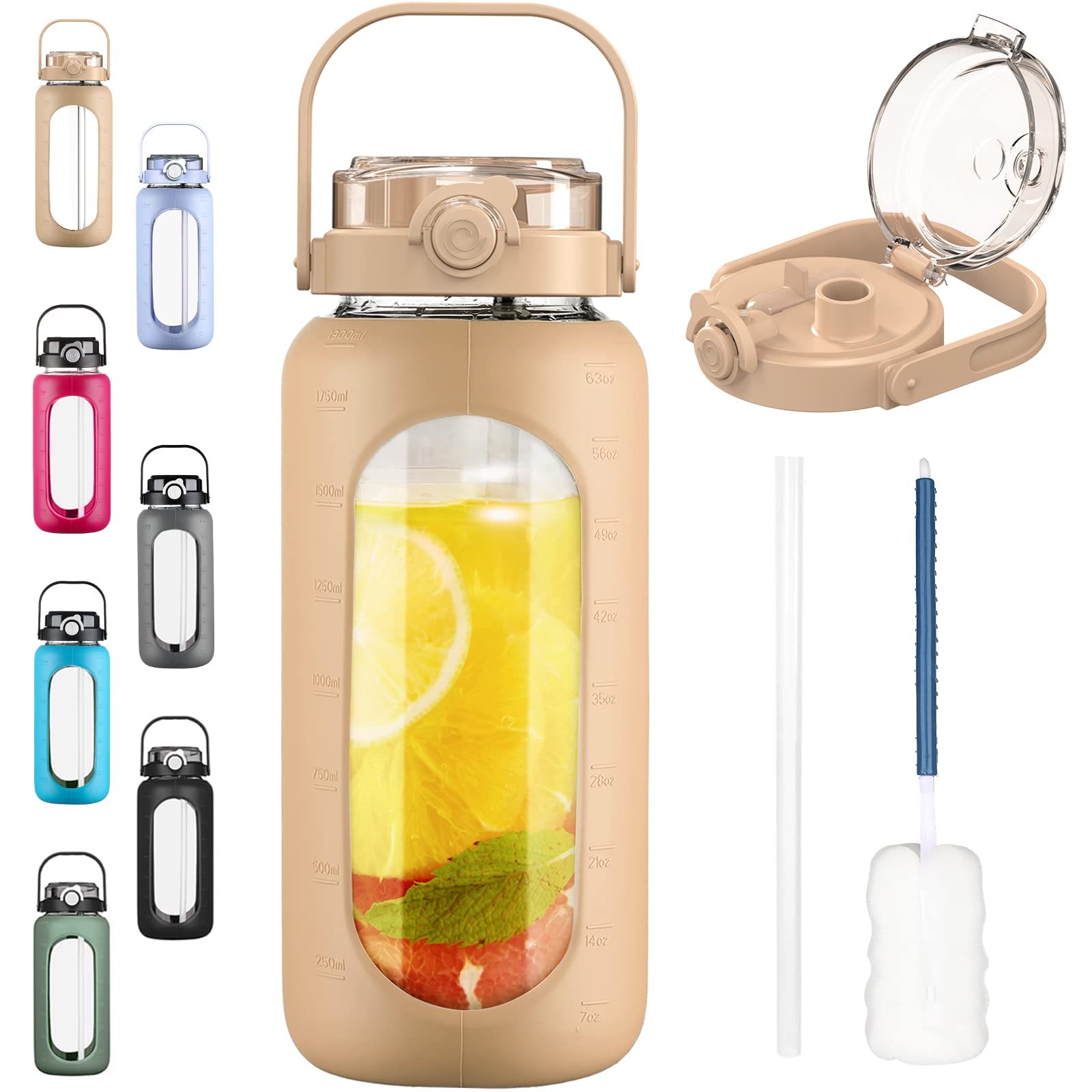 Bluego 64Oz Glass Water Bottles With Straw Time Marker Half Gallon Large Motivational Water Bottle With Silicone Sleeve Big Glas