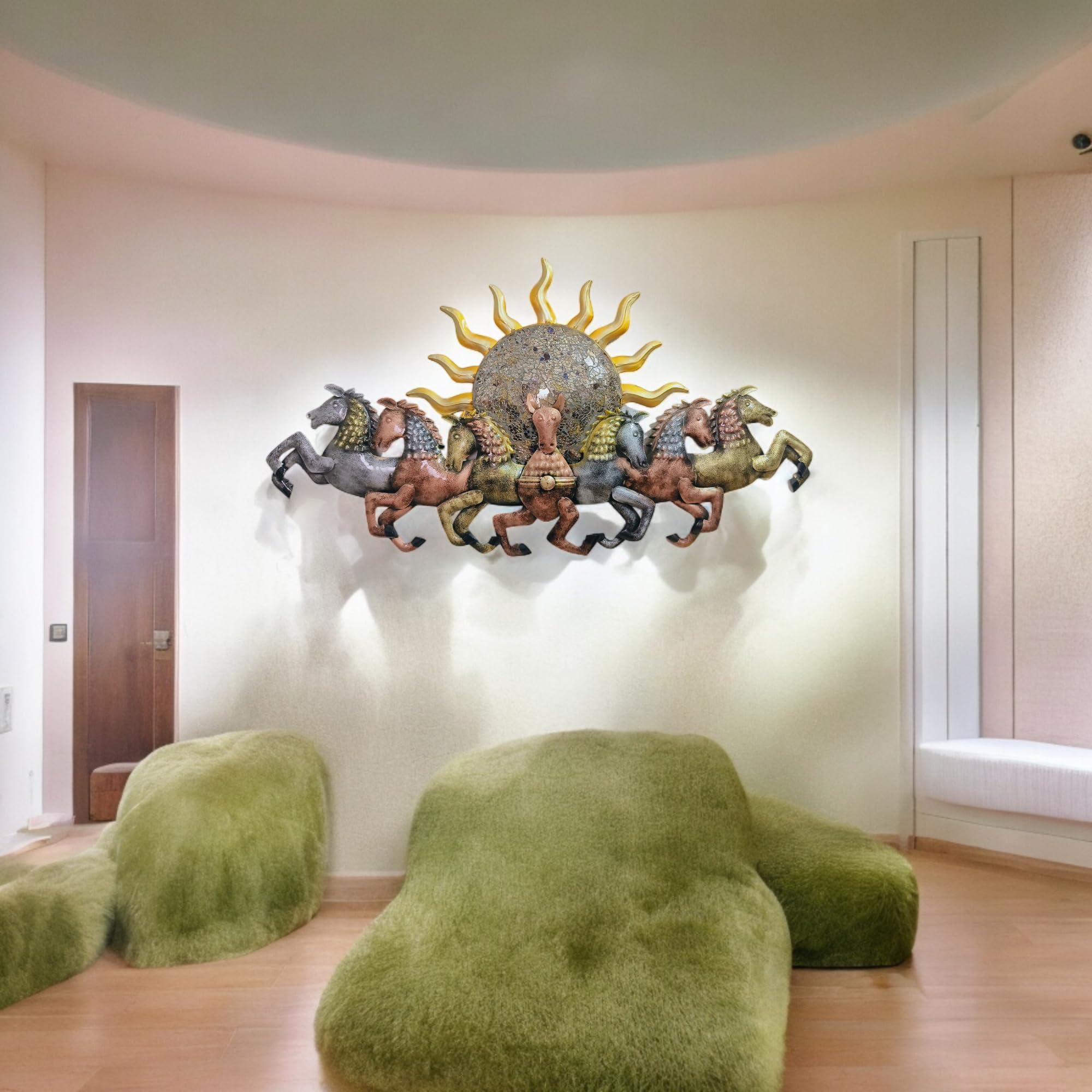 Metal Sun with Seven Running Horses Wall Decorative Showpiece with LED Lights Horses for Vatu Good Luck Home Wall Hanging Wall D