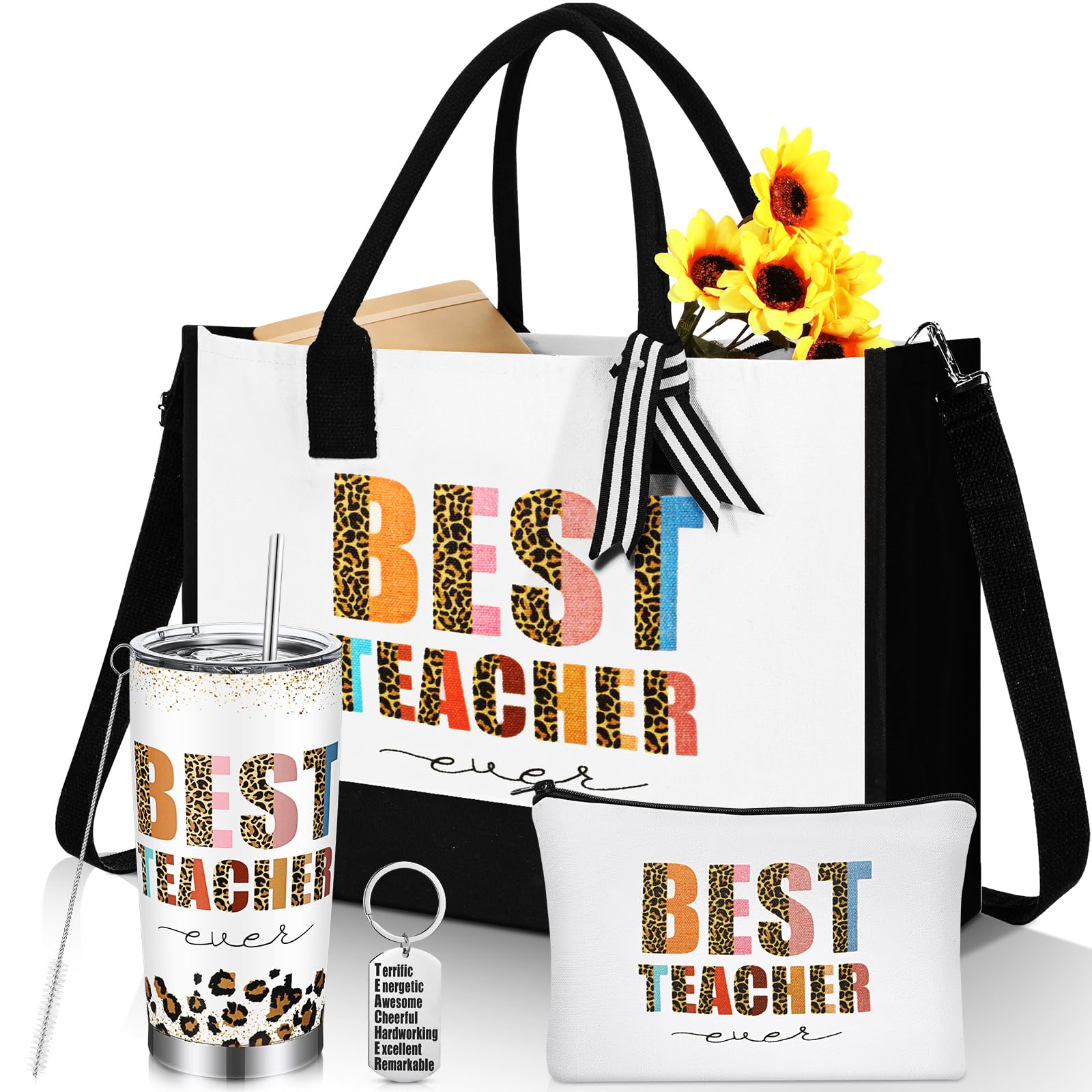 Sliner 4 Pcs Teacher Appreciation Gifts For Christmas Teacher Tote Bag For Women Teacher Gift Basket 20 Oz Insulated Tumbler Rai