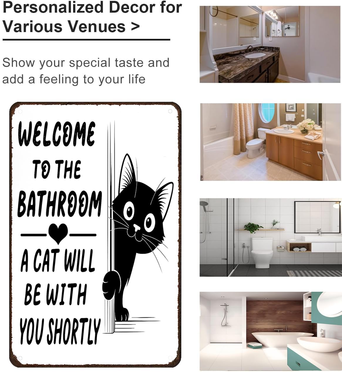 Funnysign Cat Lovers Gifts Welcome To The Bathroom A Cat Will Be with You Tin Sign for Bathroom Toilet Decor 8 X 12 Inch(3996)
