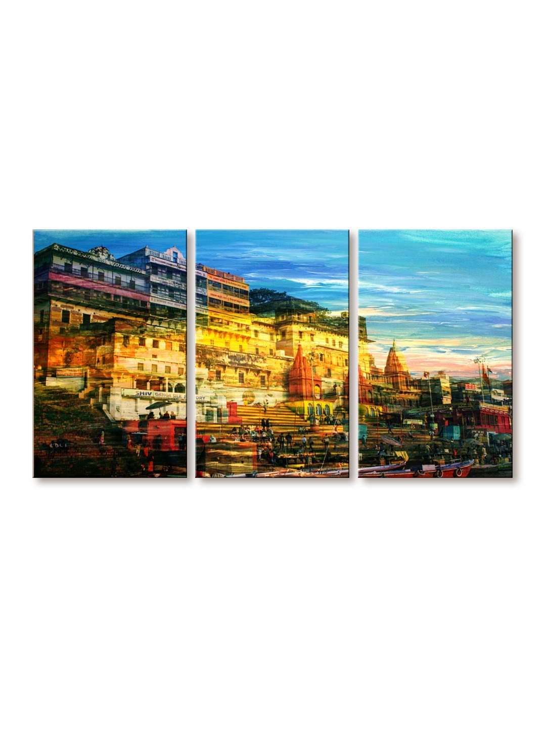 999Store wooden stretched canvas wall painting banaras ghat painting for living room bedroom home wall decor large size painting