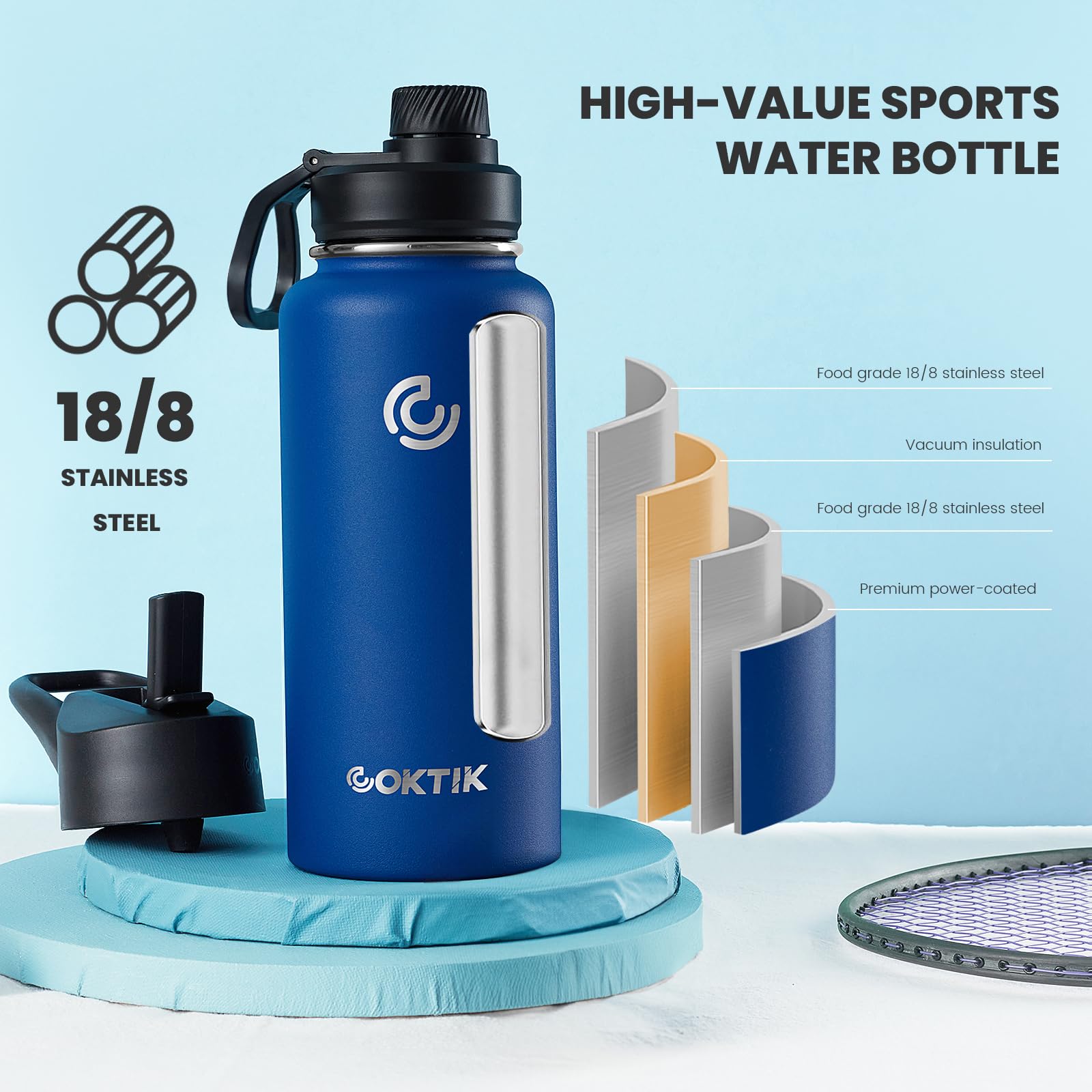 Coktik 32 Oz Sports Water Bottle With Straw,3 Lids, Stainless Steel Vacuum Insulated Water Bottles,Leakproof Lightweight, Keeps
