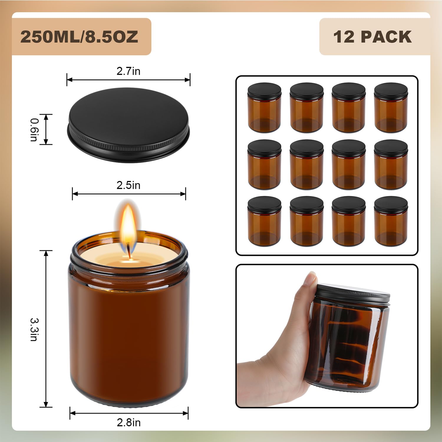 6 Pack Amber Glass Jars, 8 Oz Thick Amber Round Glass Jars, With Black Metal Lids, For Spice, Liquid, Sample, Leakproof And Dish