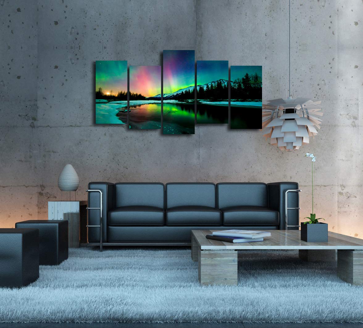 S01927 5 Pieces Wall Art Aurora Scenery Painting On Canvas Stretched And Framed Canvas Paintings Ready To Hang For Home Decorati