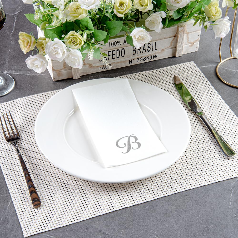 Luxenap 15.8 X 7.9 Inch Linen-Feel Guest Towels, 50 Lettered Hand Towels - Silver Letter 'B', Cursive Font, White Paper Dinner N