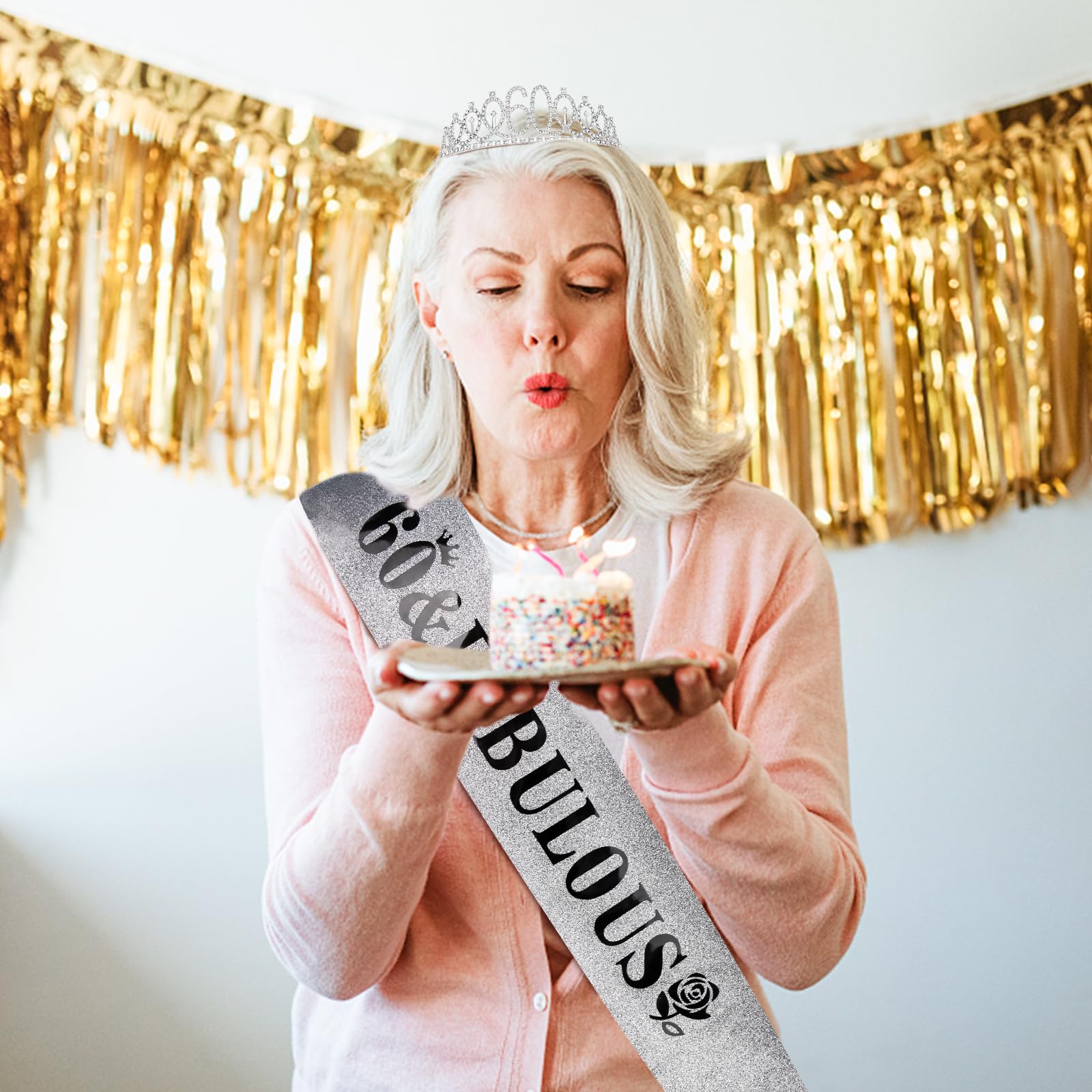 Casoty 60Th Birthday Sash And Tiara For Women, 60Th Birthday Decorations Women, Silver 60Th Crown And ''60 & Fabulous'' Sash Set