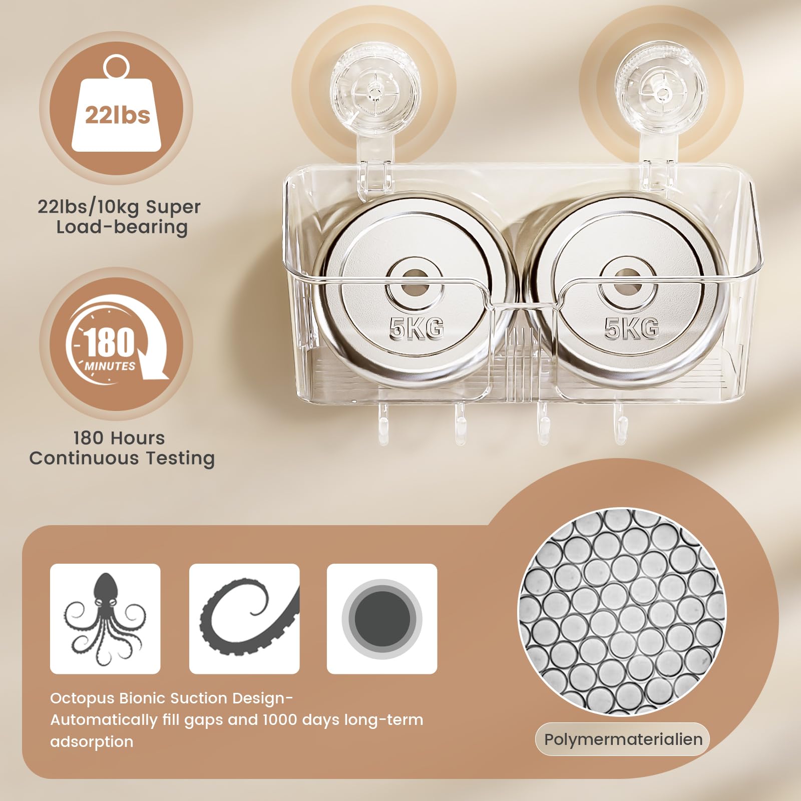 Luxear 4 Packs Shower Caddy Suction Cup Clear White - Shower Shelf+Soap Dish+Suction Hooks - 1 Second Installation No-Drilling R