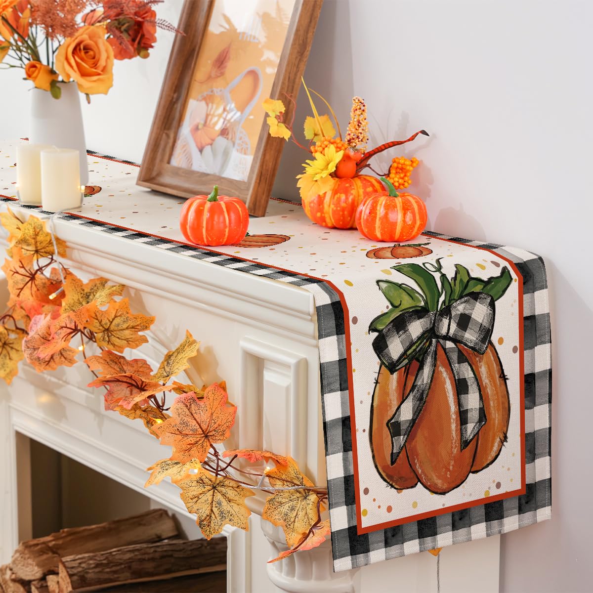 Siilues Fall Table Runner, Fall Decorations For Home Pumpkin Fall Runner For Table Seasonal Buffalo Plaid Fall Thanksgiving Holi