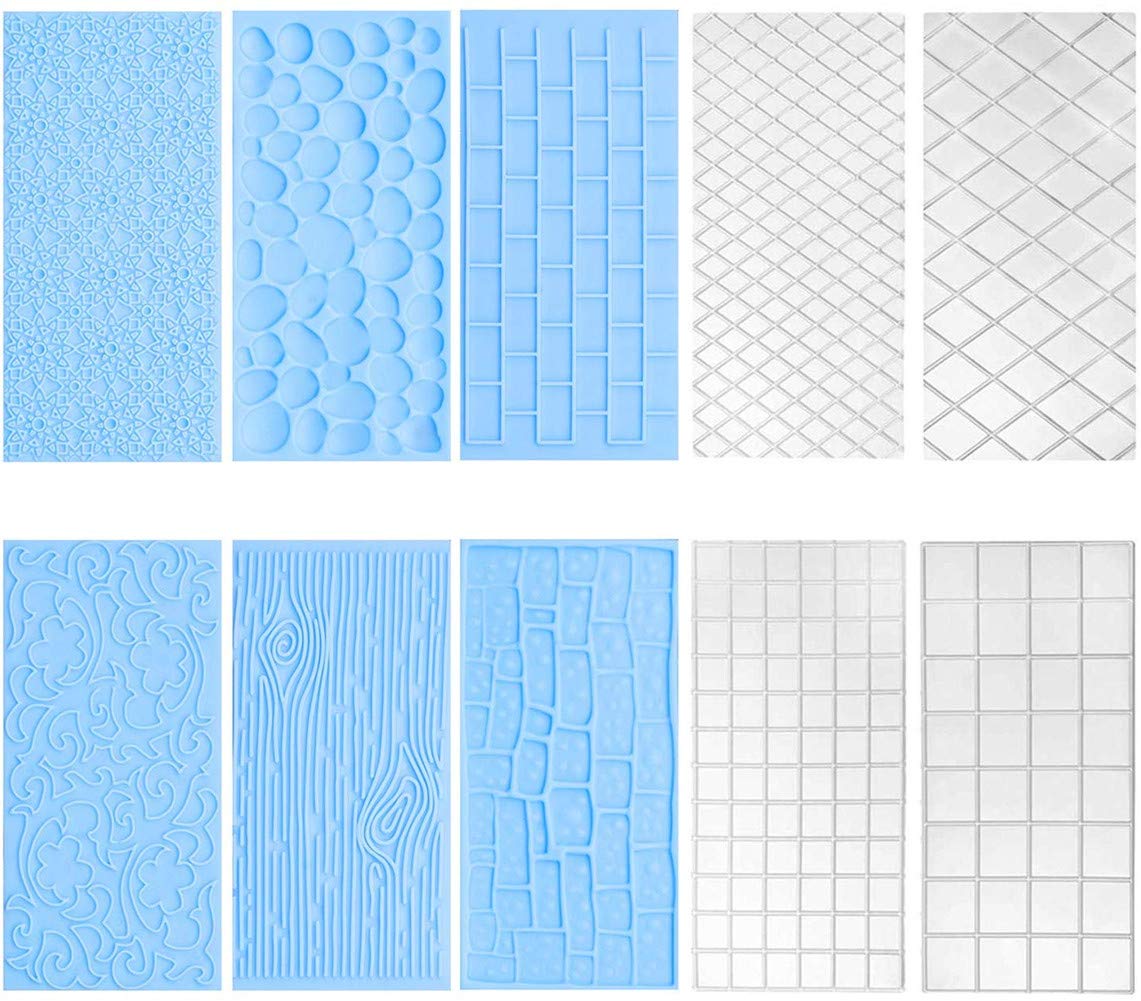 10 Set Fondant Impression Mat Mold Lace Embossing Mat Tree Bark/Brick Wall/Flower/Stone Wall Fondant Impression Mats Texture Des