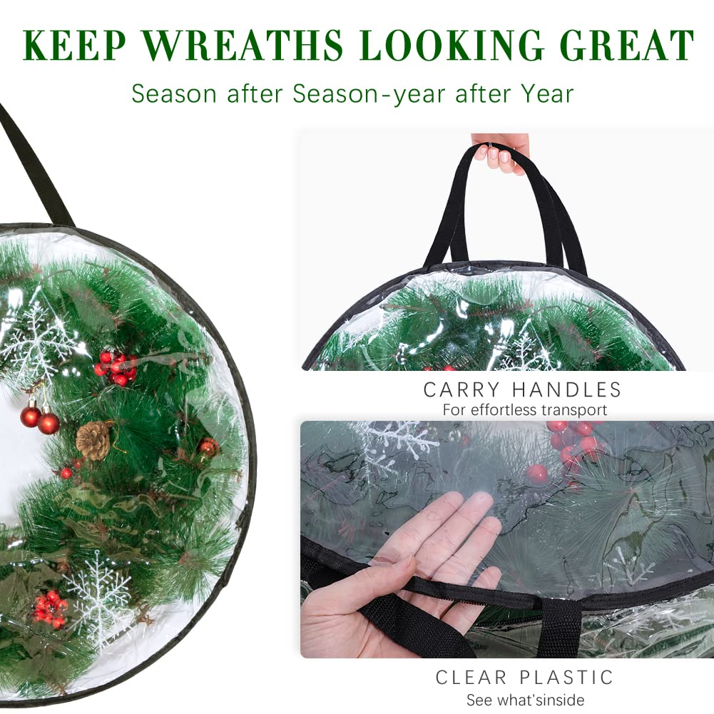 2-Pack Christmas Wreath Storage Container 24'', Clear Wreath Storage Bags With Dual Zippers For Xmas Seasonal Thanksgiving Holid