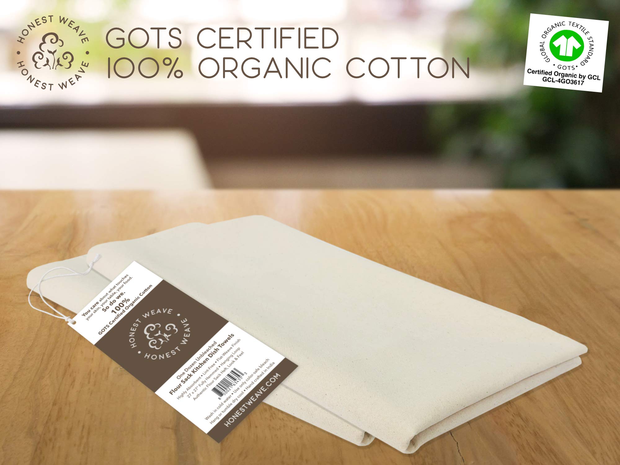 Honest Weave Gots Certified 100% Organic Flour Sack Cotton Kitchen Hand And Dish Towel Sets - Extra Large 27X27 Inches, Fully He