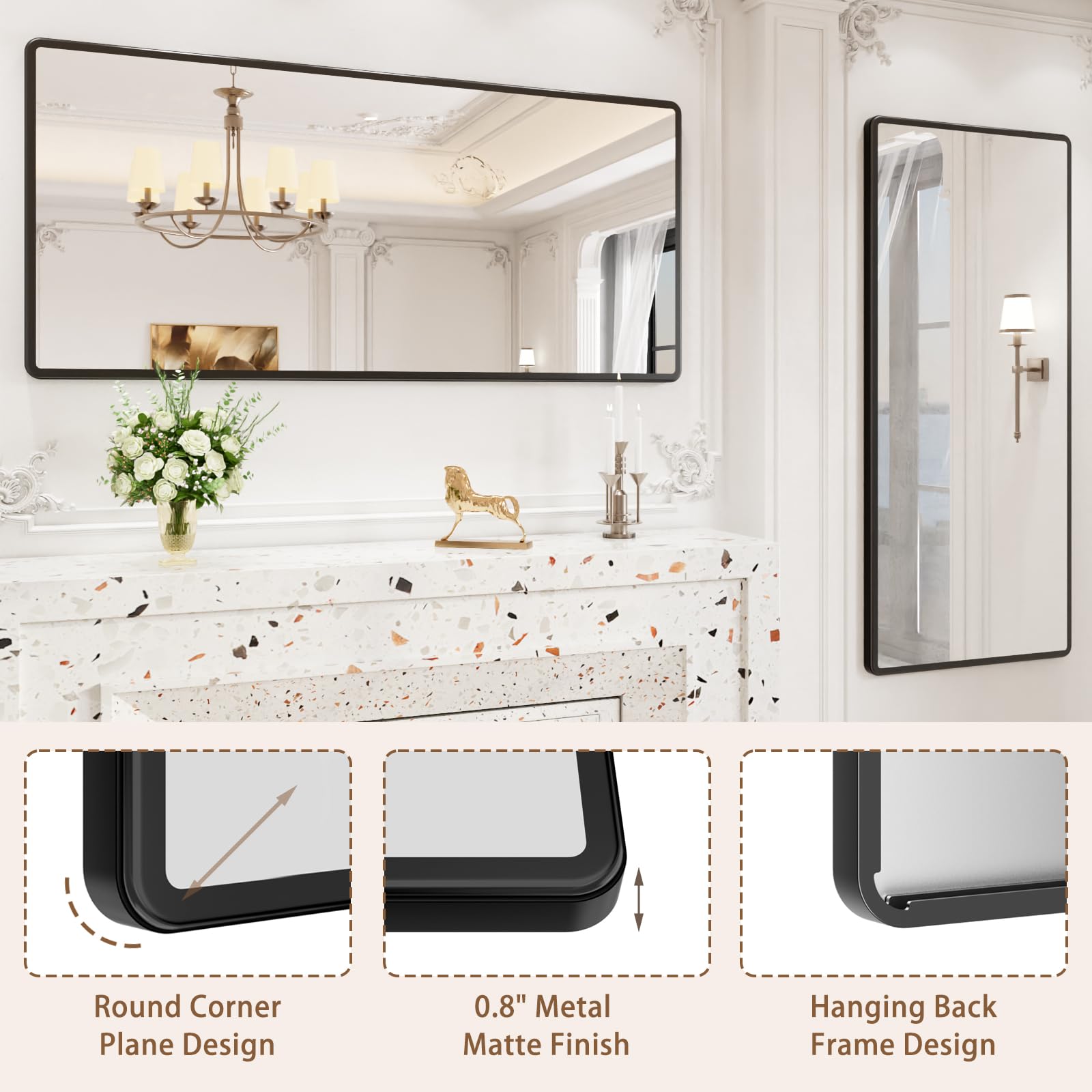 Pertetey New Upgrade 60X28 Inch Wall Mounted Bathroom Mirror, Black Metal Frame Rounded Rectangle Mirror, Bathroom Vanity Mirror