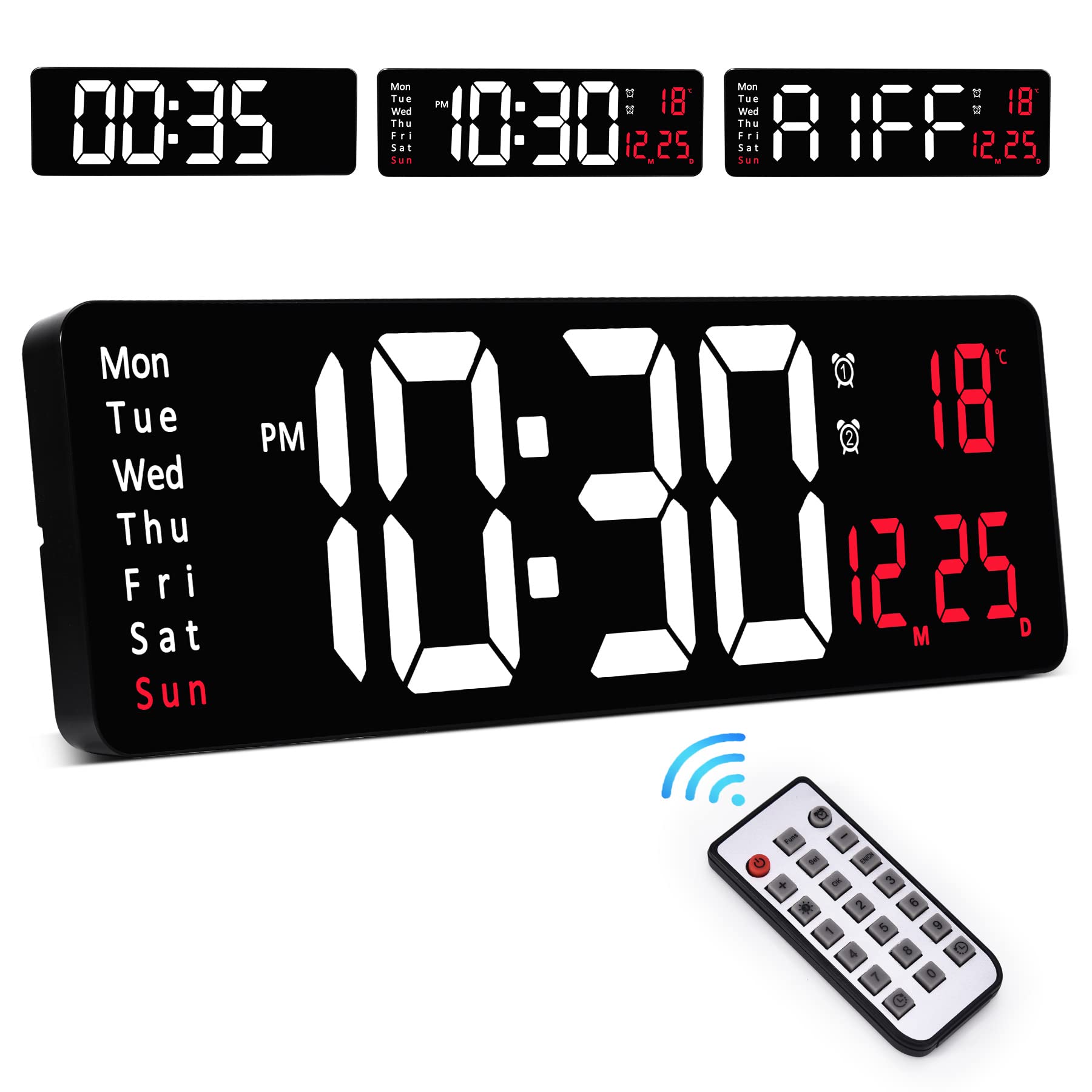 16 Large Digital Wall Clock With Remote Control, Wall Clock With Count Up & Down/10-Level Dimming/Dual Alarm/Day/Date/Temp, Non 