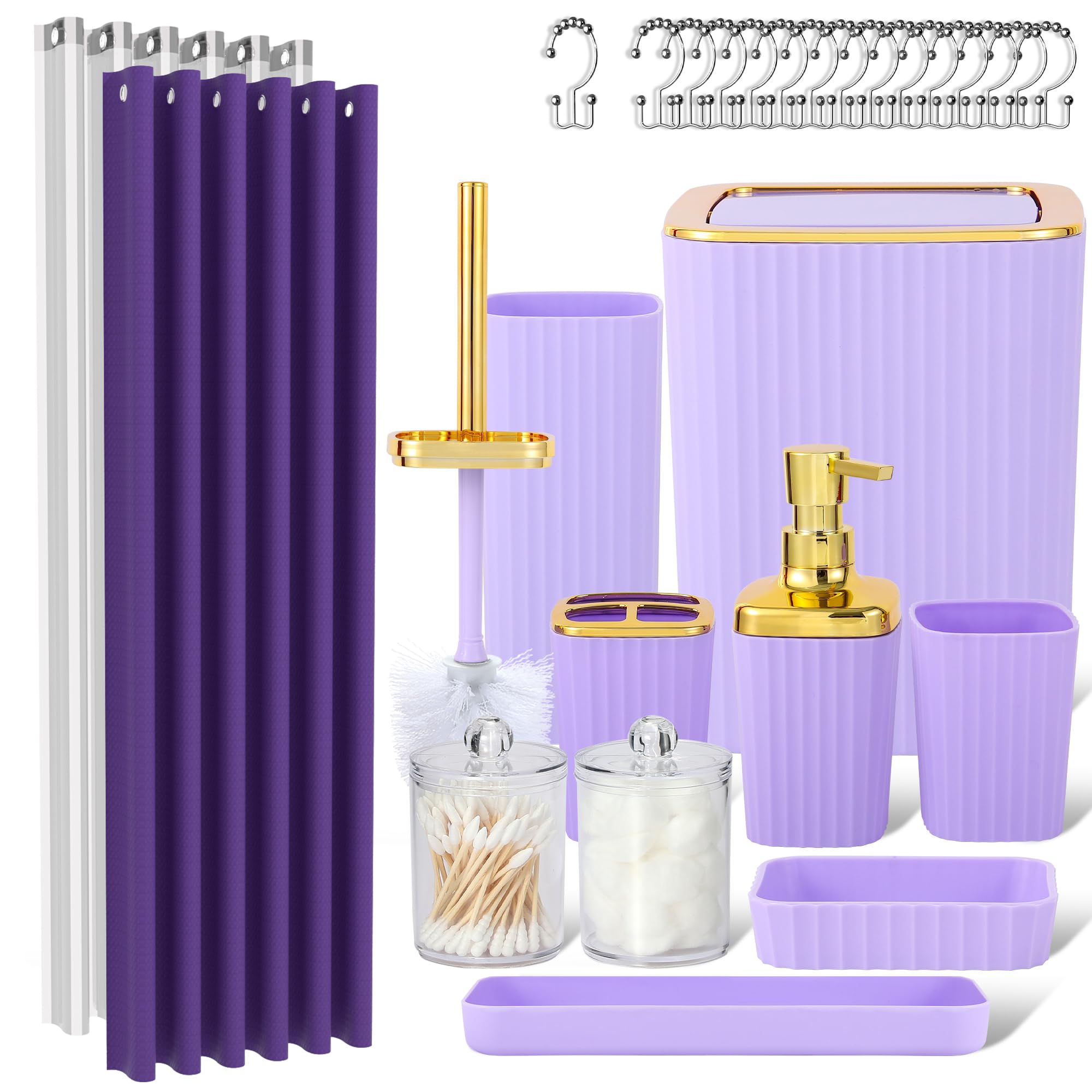 Purple Bathroom Set, 23 PCS Purple Bathroom Accessories Set with Shower Curtains, Trash Can, Toothbrush Holder, Soap Dispensers,