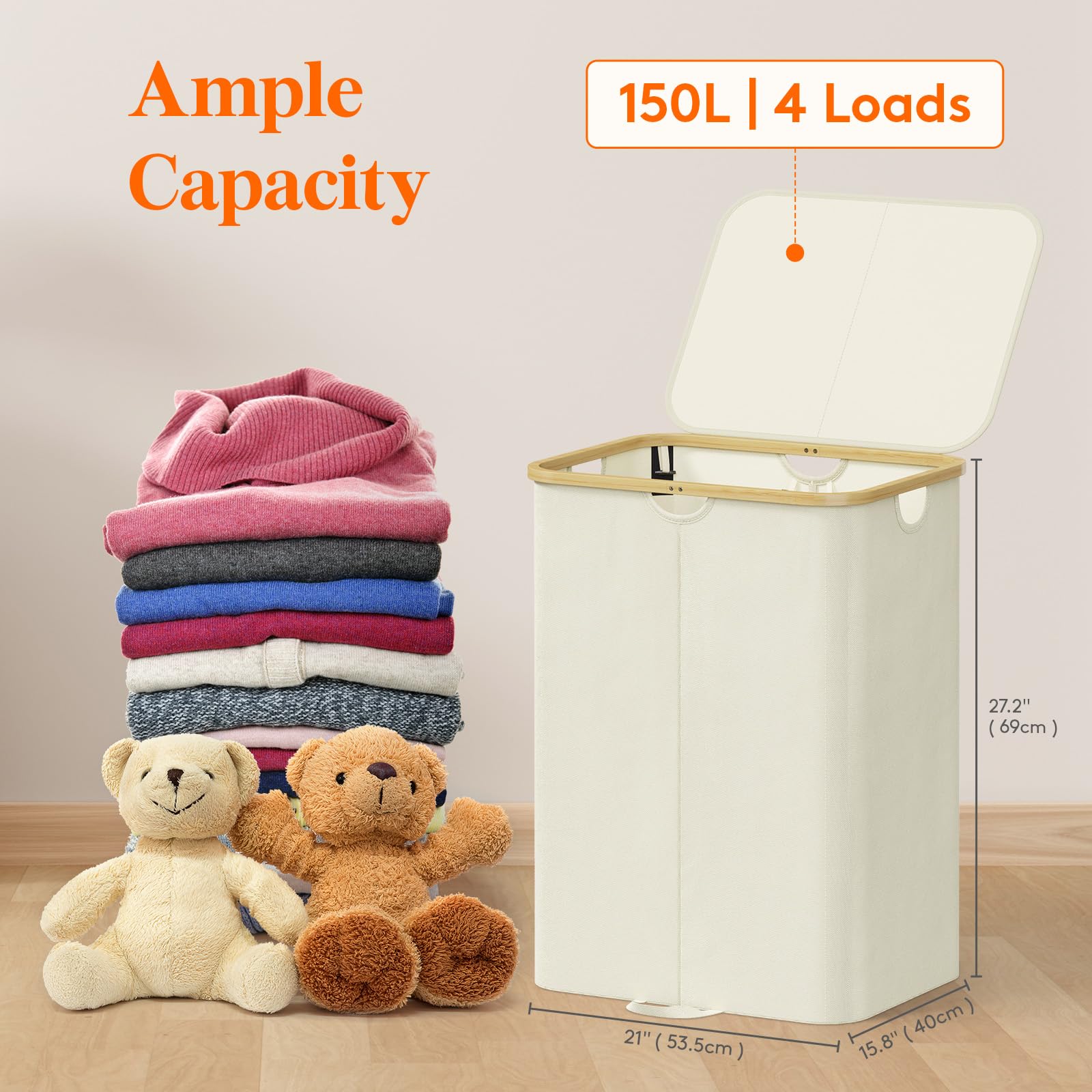 Lifewit 150L Double Laundry Hamper With Lid, Large Laundry Basket With Bamboo Handles And Removable Laundry Bags, Foldable Cloth