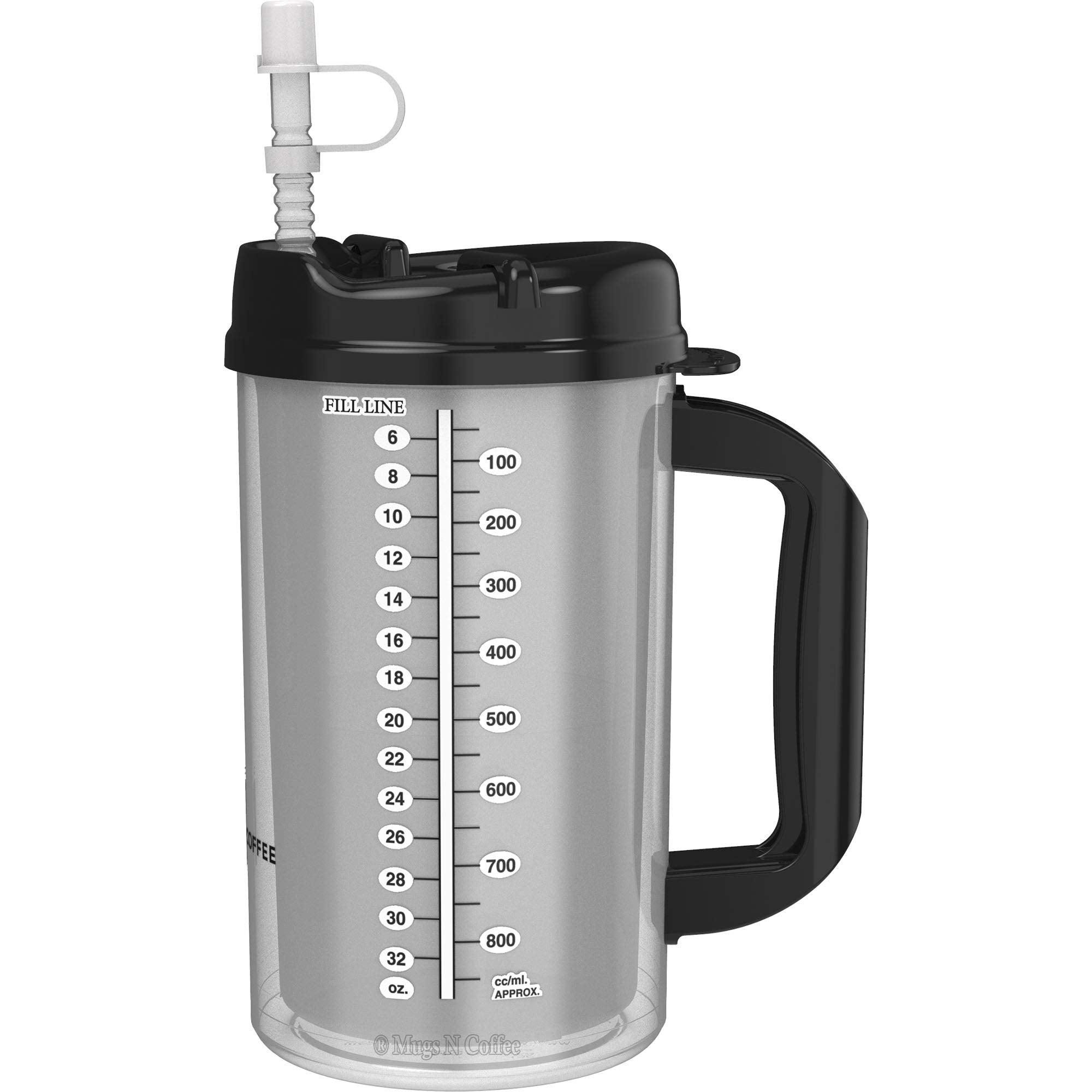 Mugs N Coffee 32 Oz Double Walled Hospital Mug With Straw - Black Lid And Handle