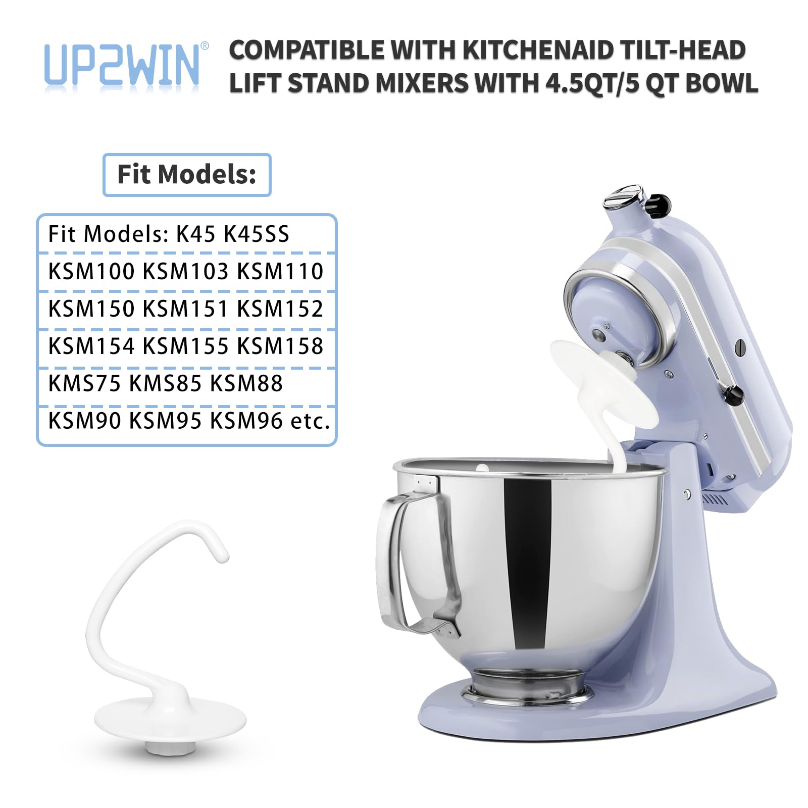 Up2Win K45Dh Dough Hook Attachment For Kitchenaid Mixer - K45Dh Coated Dough Hook For Ksm150 Ksm90 K45Ss, Dough Attachment For K