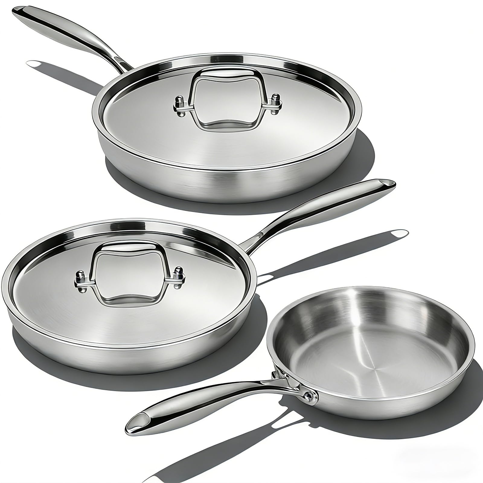 Stainless Steel Frying Pan Set with Lid, Umite Chef 3Pcs Skillet Set (Includes 8,10,12)  5 Ply Stainless Clad  Heavy Duty &