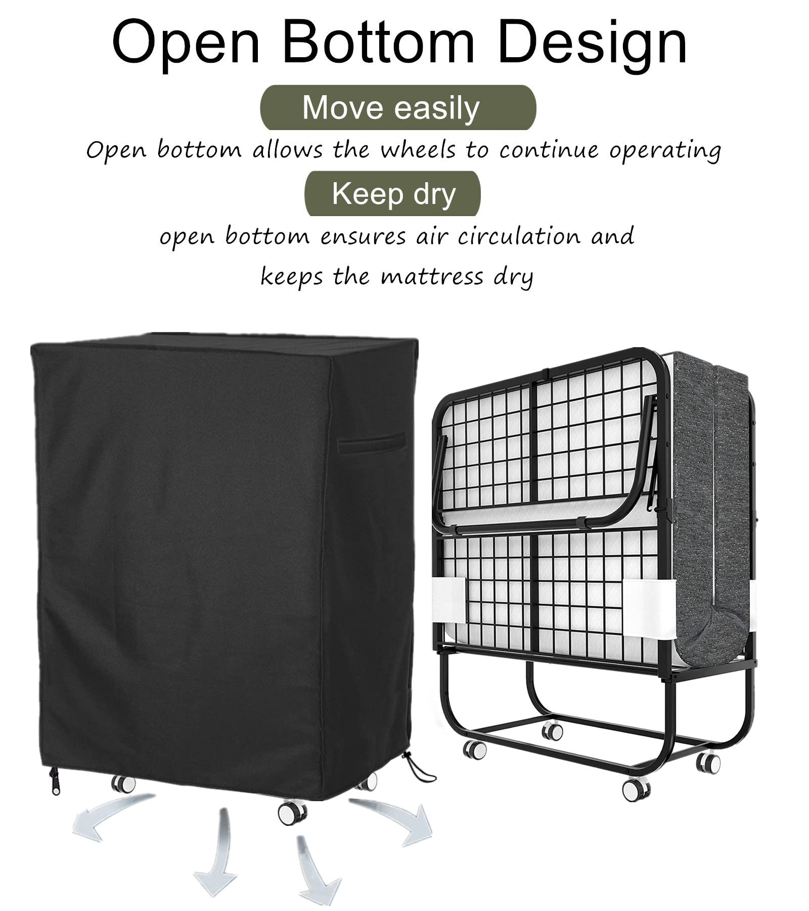 Folding Bed Storage Cover, Falezern 38 in Adjustable Rollaway Bed Cover, Waterproof and Dustproof, with Metal Zipper and Adjusta