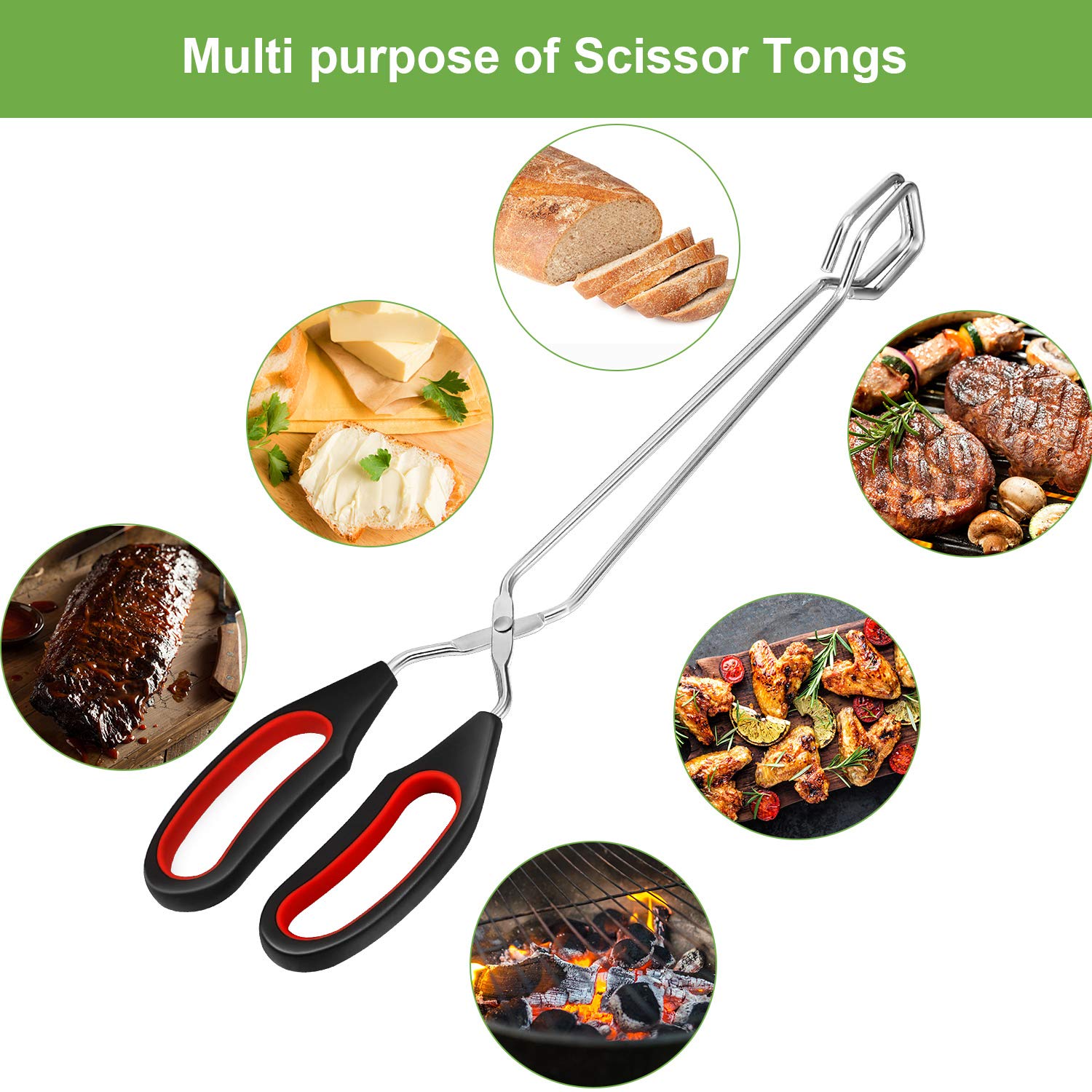 3 Pack Stainless Steel Scissor Tongs 9/11/ 12 Inch Cooking Scissor Tongs Kitchen Baking Bread Food Tong Barbecue Grilling Tongs