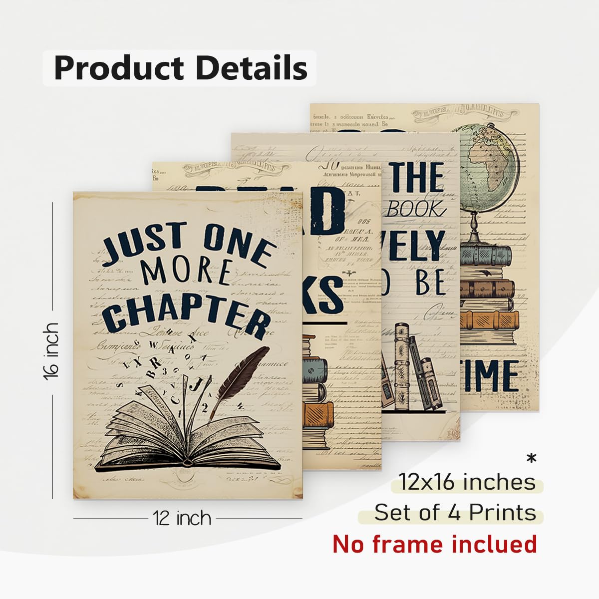 Plkmn Reading Posters For Library Set Of 4 - Book Club Decorations,Library Decor,Book Lovers Gifts,Retro Vintage Wall Art For Re
