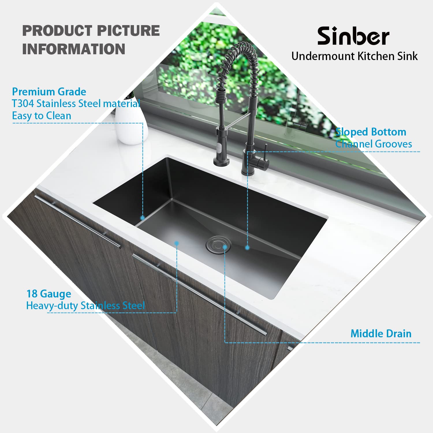 Sinber 32'' x 19'' x 10'' Undermount Single Bowl Kitchen Sink with 18 Gauge 304 Stainless Steel Black Finish HU3219S-B (Sink Only)