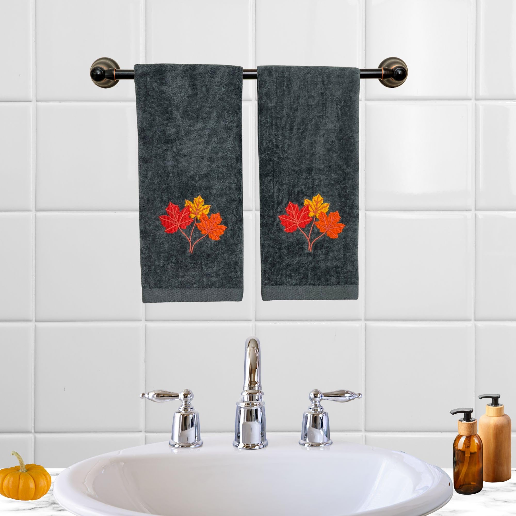 Harvest Fall Hand Towels: Plush Dark Grey Gray Cotton Towels With Autumn Leaf Design Set Of 2, 16'' X 25'' Inch