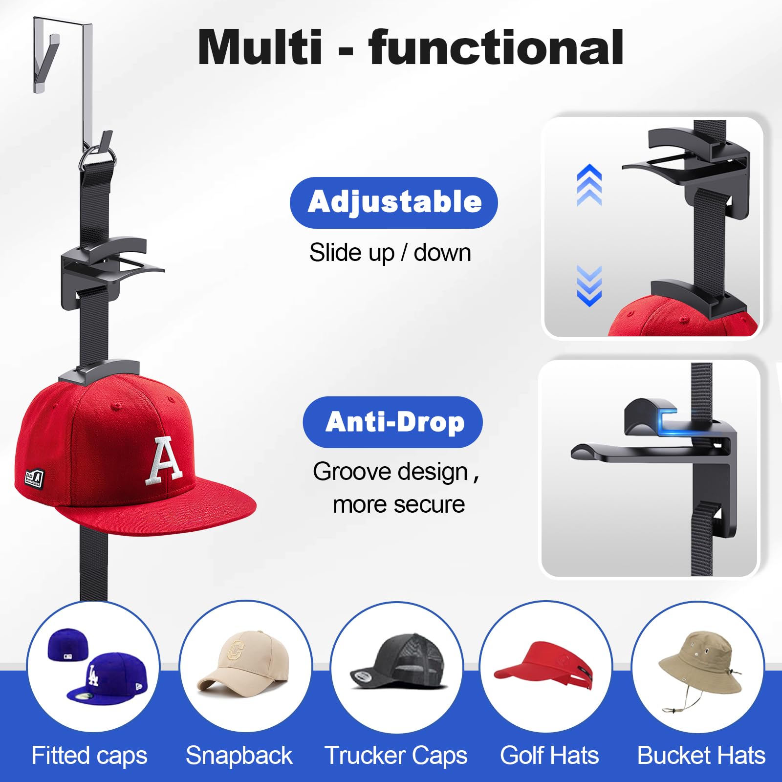 Aoodaily Hat Rack for Door - Two-Way Hanging Caps with Display Hooks and Hanger, Hat Organizer for Baseball Caps, Over the Door