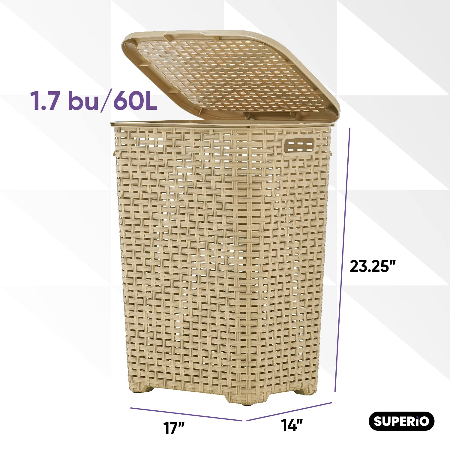 Superio Laundry Hamper Basket With Easy Open Lid 60 Liter Beige, Large Wicker Hamper, Dirty Cloths Storage With Two Cutout Handl