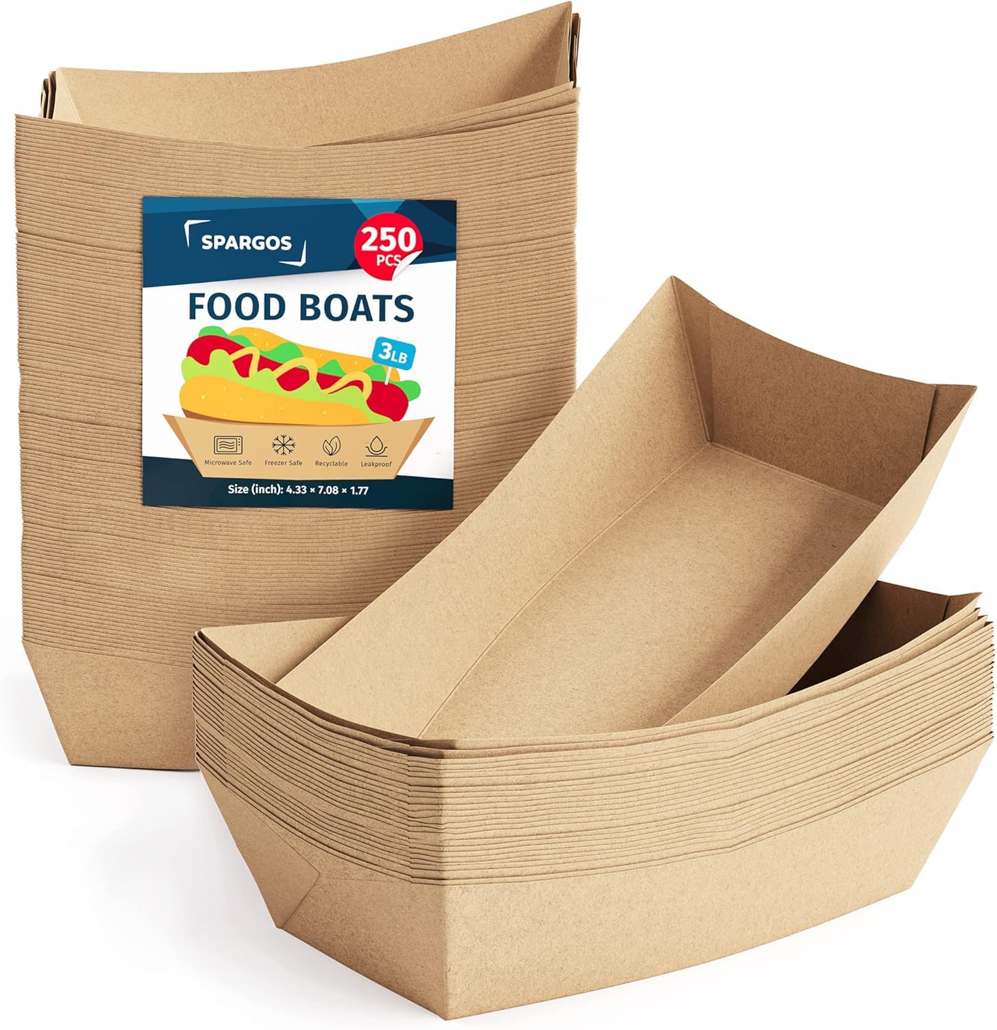 SPARGOS Food Boats (250 Pack) 3LB Brown - Paper Food Trays Leakproof & Freezer Safe - Cardboard Nacho Trays Disposable for Conce