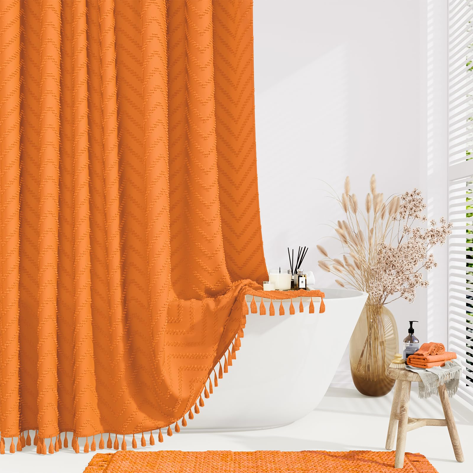 Dynamene Boho Farmhouse Shower Curtain, Orange Fabric Tufted Chevron Striped Textured Tassel Shower Curtains For Bathroom, Shabb
