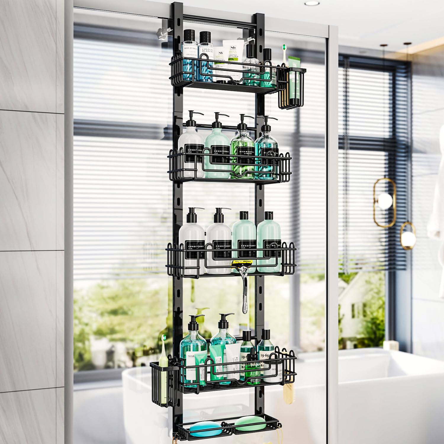HapiRm 5 Tier Over the Door Shower Caddy, Hanging Shower Caddy with 28 Hooks and 2 Toothbrush Holders, No Drilling Adjustable Ha