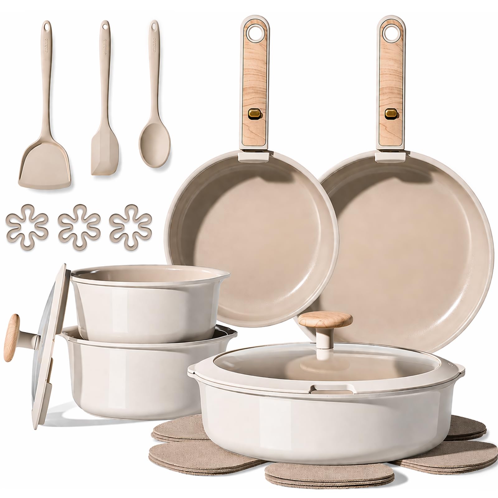 CAROTE Ceramic Pots and Pans Set, Cookware Set Detachable Handle, 19 Pcs Induction Kitchen Cookware Sets Non Stick with Removabl