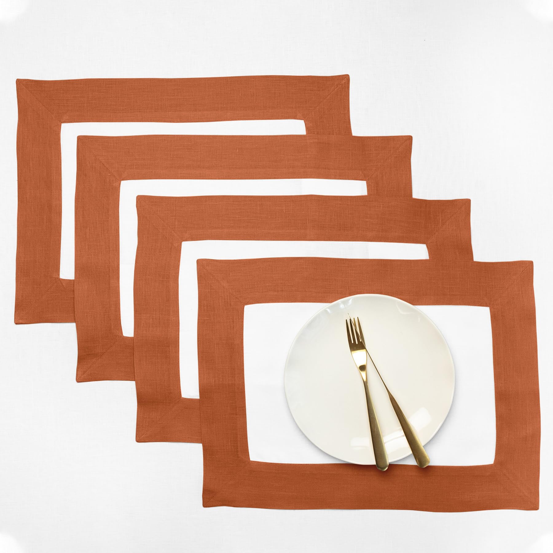 Solino Home Linen Placemats Set Of 4-100% Pure Linen Cloth Fabric Placemats Cinnamon And White - 19'' L X 14'' W Inch Washable D