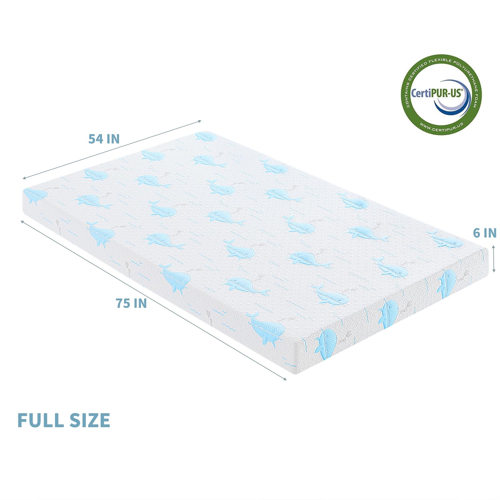 Ouui 6 Inch Full Mattress, Removable Washable Cover With Whales Pattern Cooling Memory Foam Medium Feel, Bed-In-A-Box, Certipur-