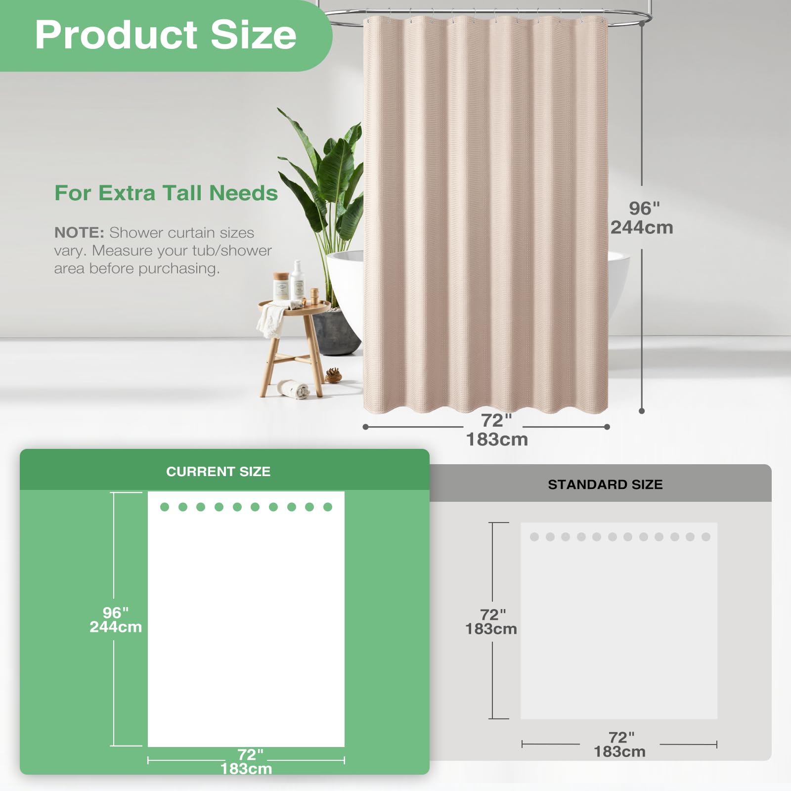 Dynamene Extra Long Shower Curtain - 96 Inch Long Waffle Weave Weighted Thick Cloth Bathroom Shower Curtain  Neutral Heavy Duty Hotel Bath Curtain Set with 12 Plastic Hooks 72x96  Blush Pink