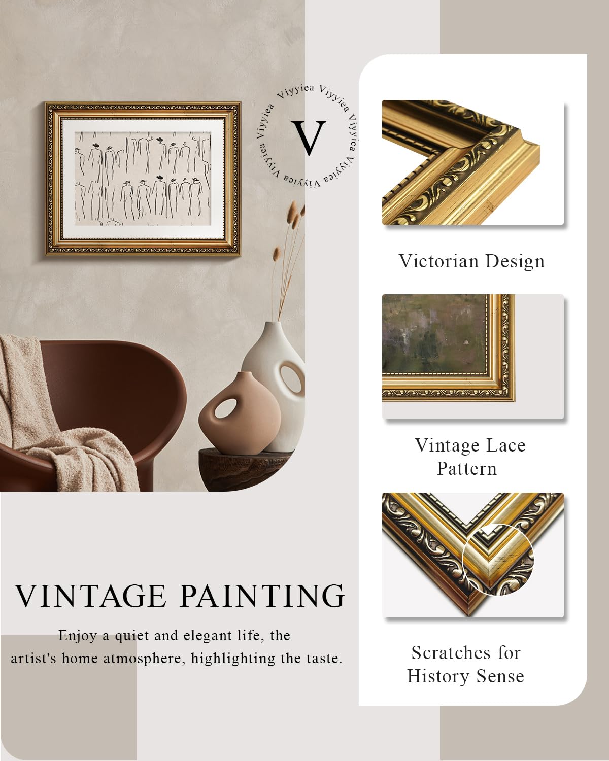 Viyyiea Gold Framed Wall Art Canvas Print Home Decor Abstract Wall Art Room Decor Minimalist Portrait Artwork Wall Decorations V