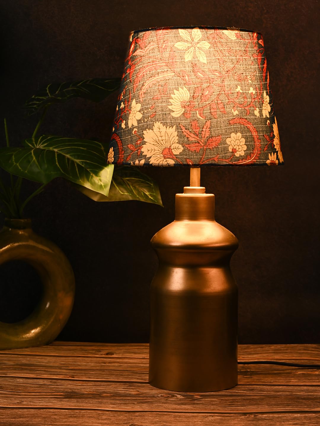 Green Girgit Golden Metal Urn Shaped Lamp With Taper Multicolor Blue Shade | Galvanized Iron Bedside Metal Handcrafted Table Lam