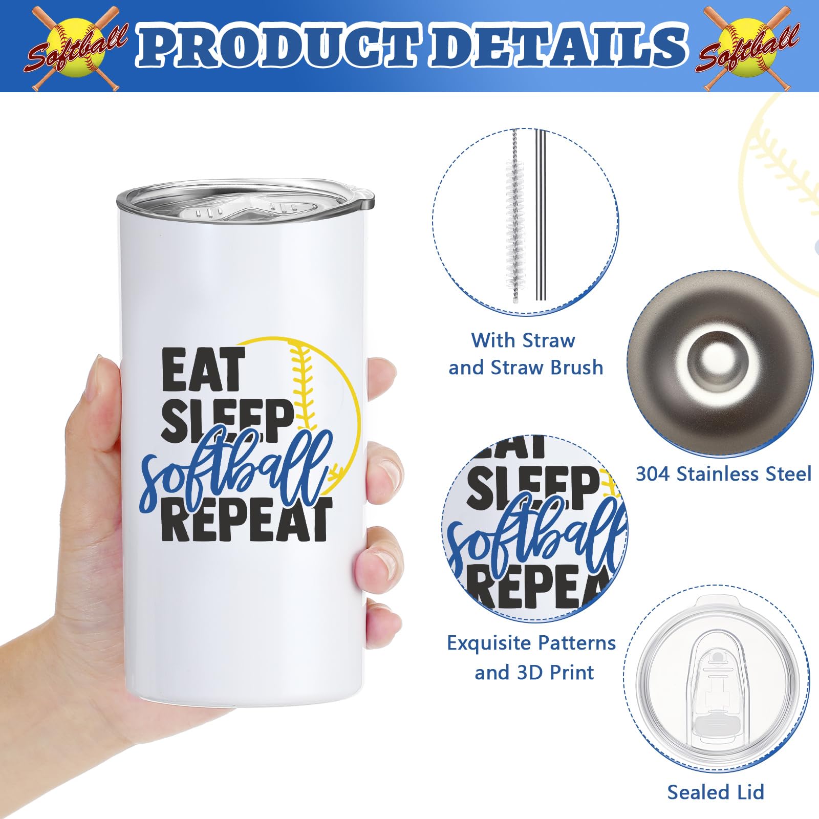 Sieral 4 Pcs Softball Gifts For Girls Softball Tumbler 14Oz Softball Water Bottles Softball Makeup Bag Softball Bracelet Scrunch