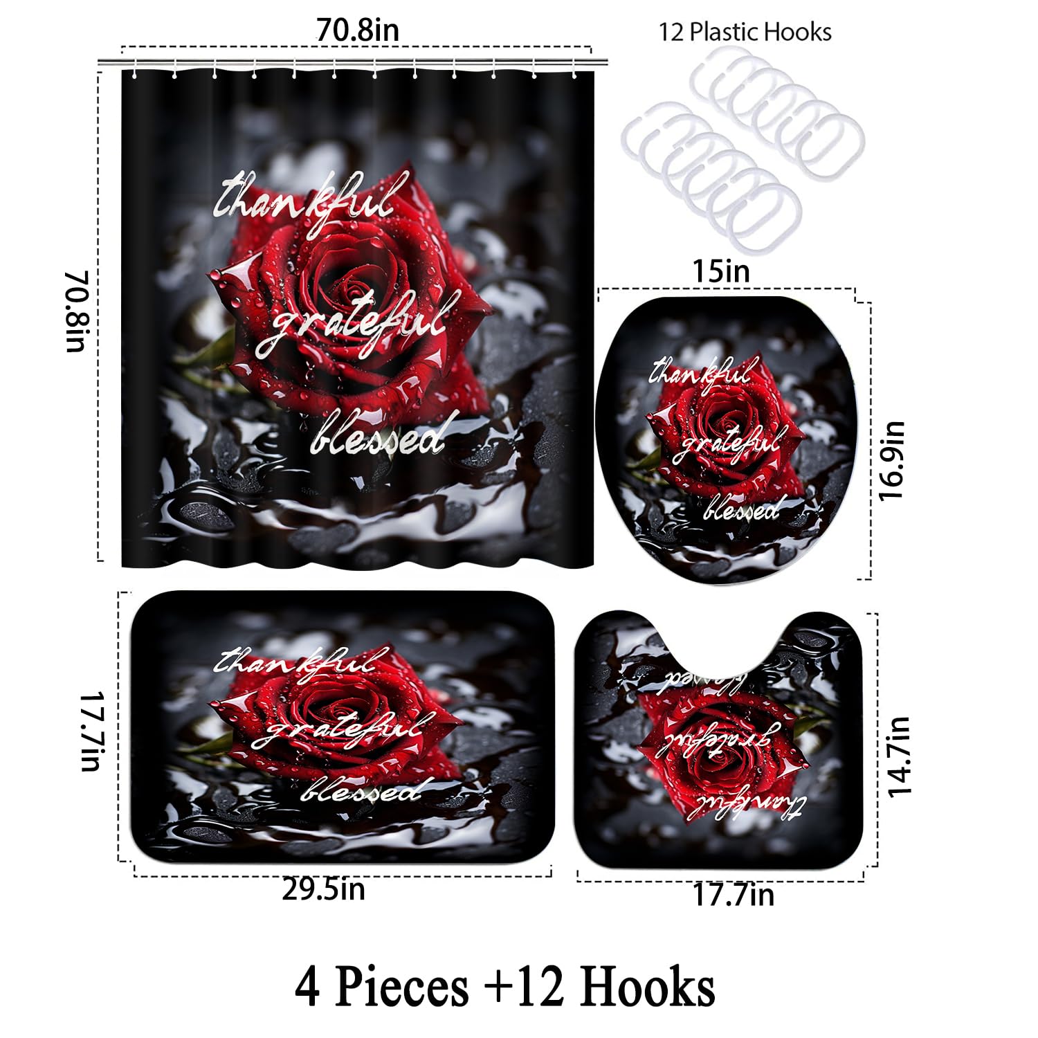 Omebero 4Pcs Romantic Red Rose Bathroom Shower Curtain Sets, Waterproof Fabric Black Bathroom Sets With Shower Curtain And Rugs