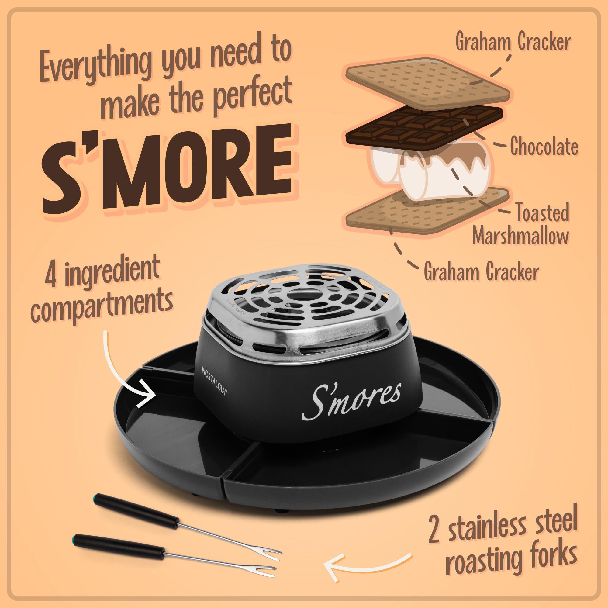 Nostalgia Tabletop Indoor Electric S'Mores Maker - Smores Kit With Marshmallow Roasting Sticks And 4 Trays For Graham Crackers,